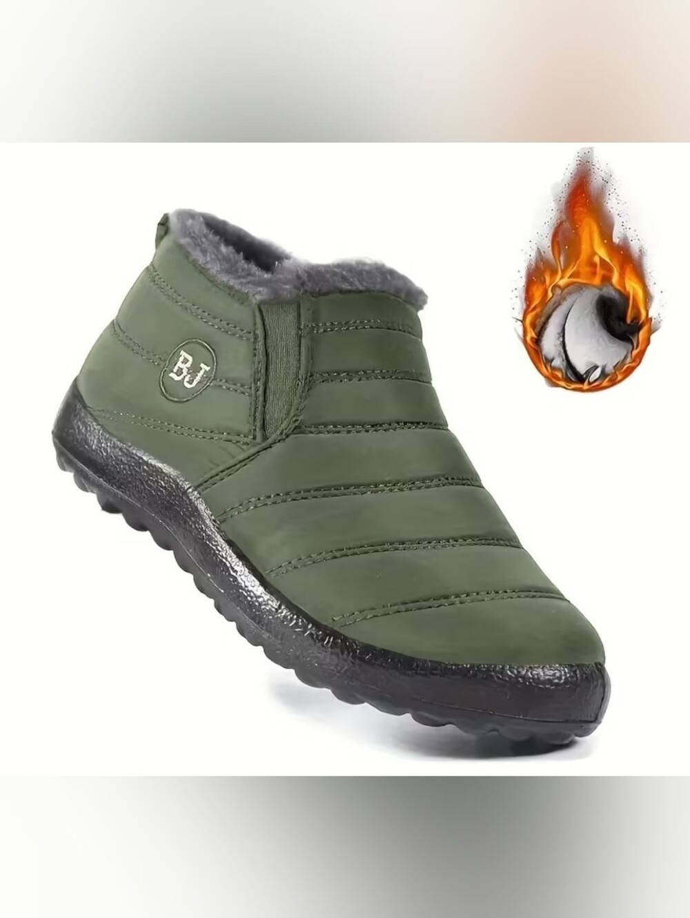 Women’s BJ Olive Green Slip-On Winter Boots With Faux Fur Ankle Boots